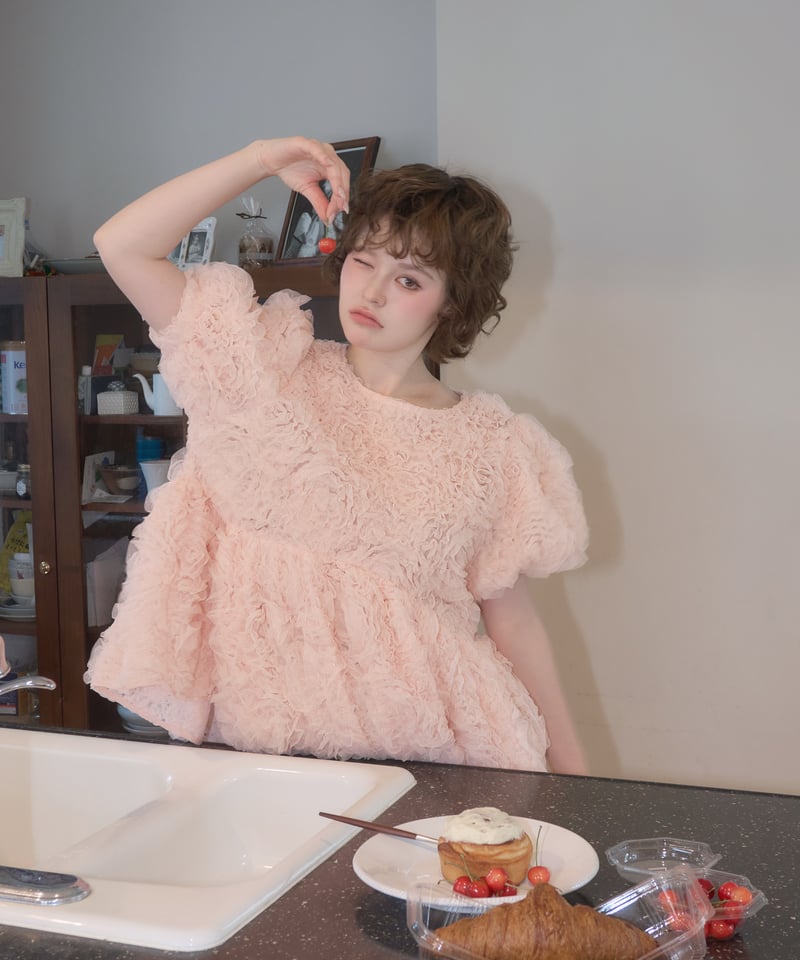 rosette tulle peplum blouse(pink) | sovisoon.of