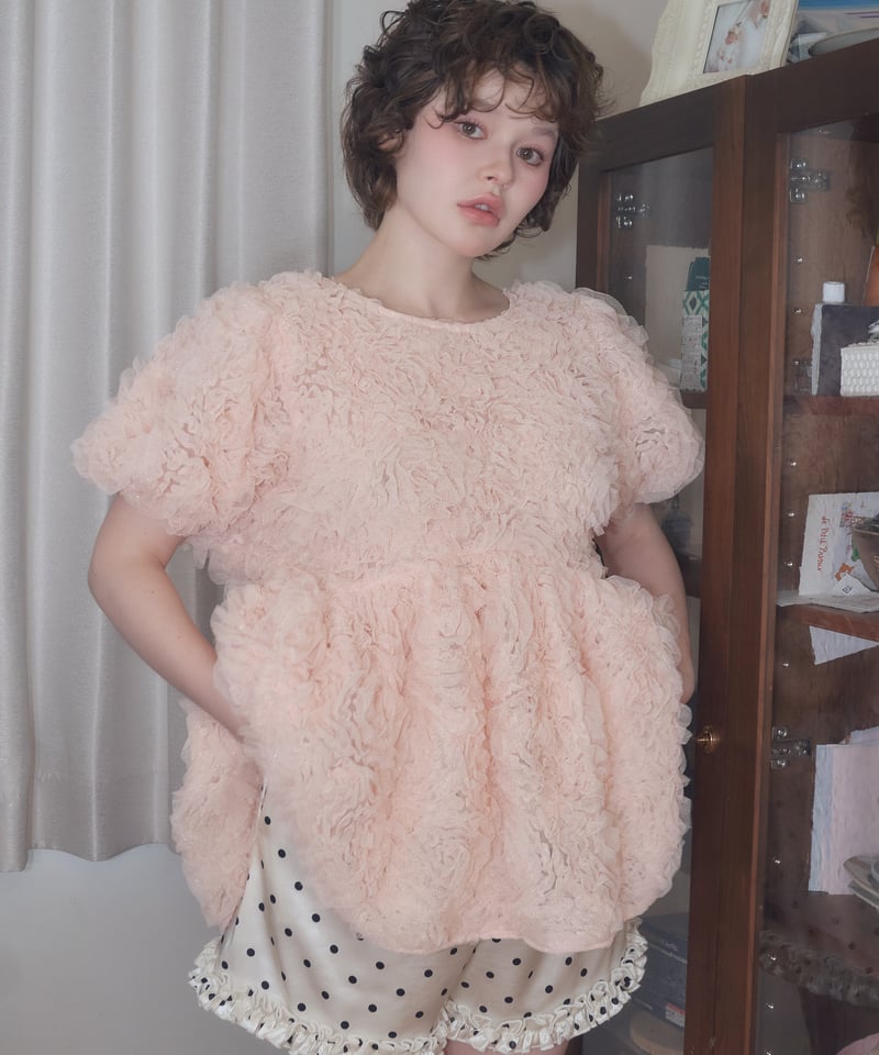 rosette tulle peplum blouse(pink) | sovisoon.of