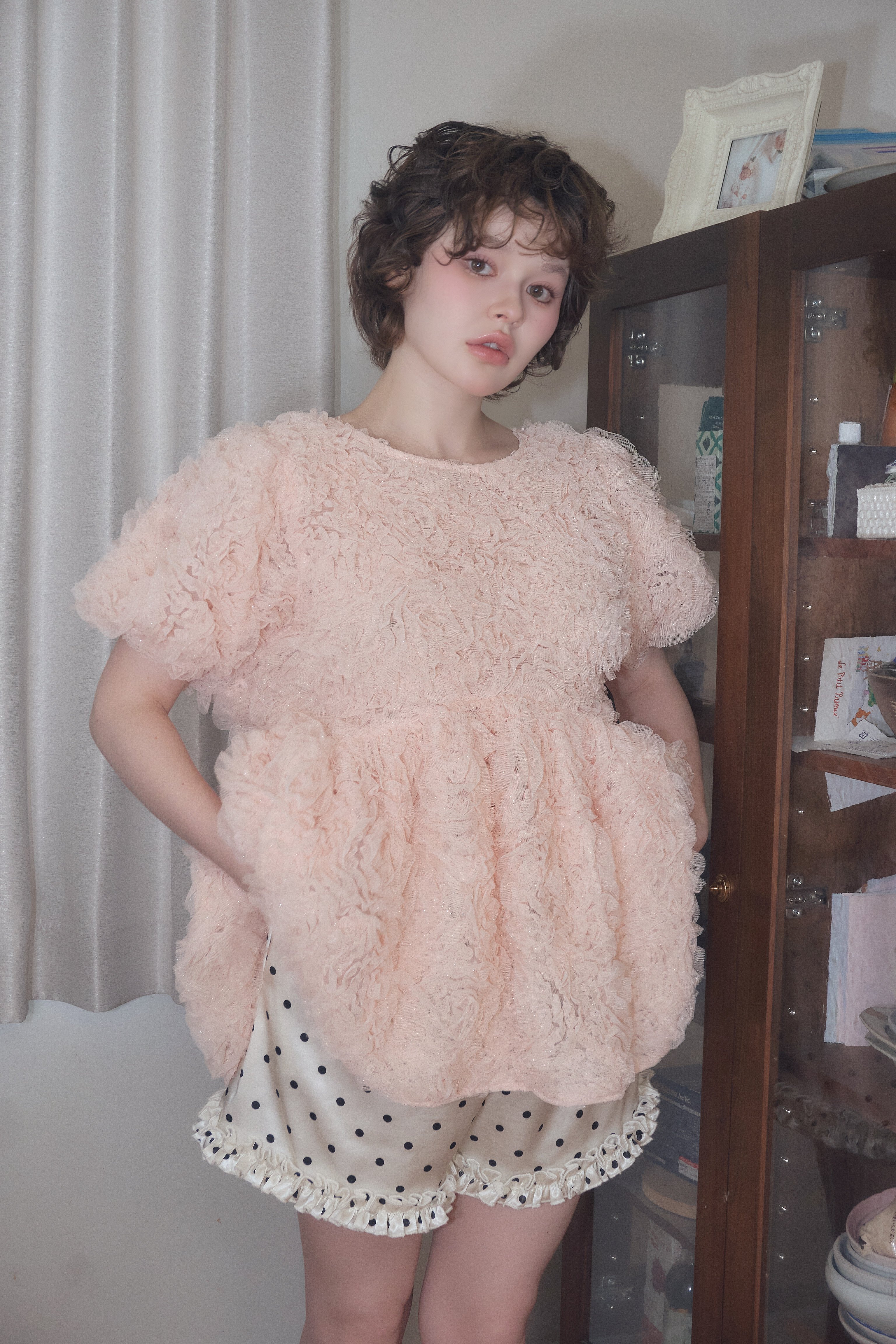 rosette tulle peplum blouse(pink) | sovisoon.of