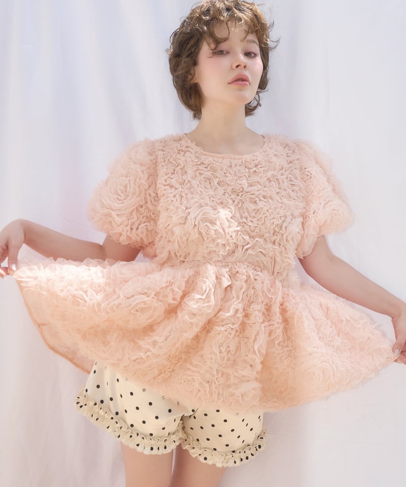 rosette tulle peplum blouse ホワイト rosette tulle peplum blouse(pink) | sovisoon.of