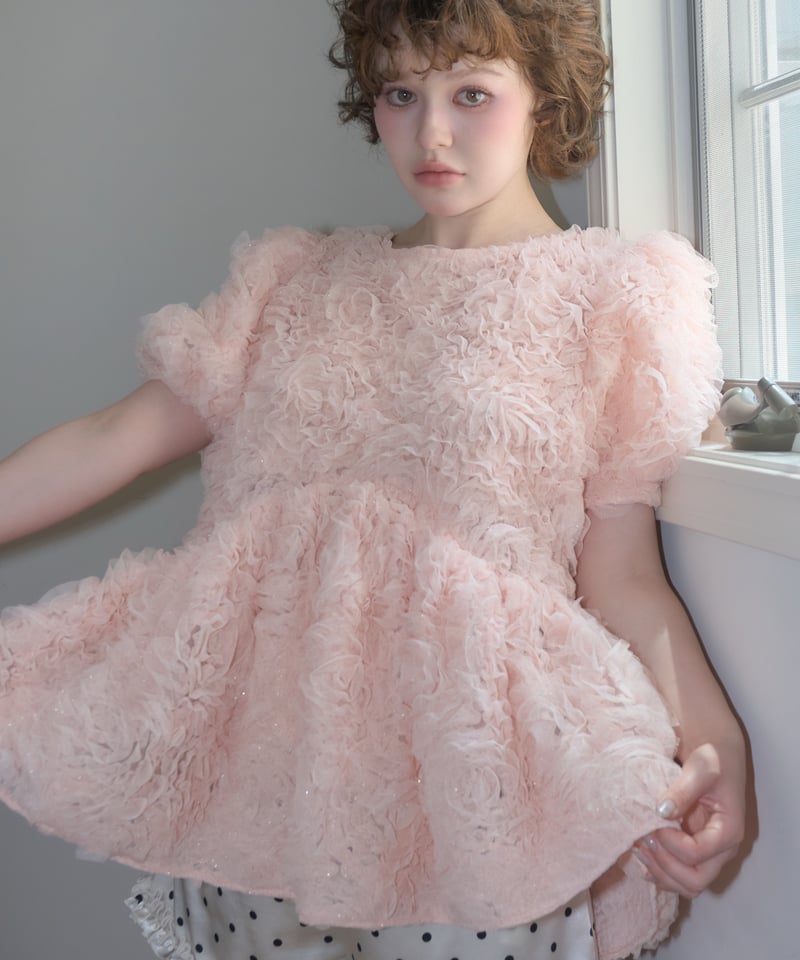 rosette tulle peplum blouse(pink) | sovisoon.of