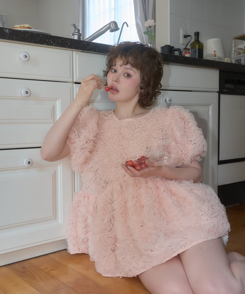 rosette tulle peplum blouse(pink) | sovisoon.of