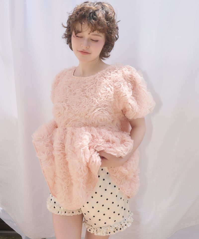 rosette tulle peplum blouse(pink) | sovisoon.of