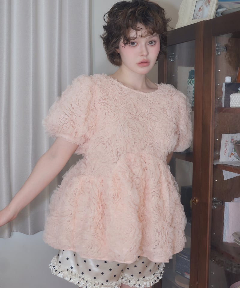 rosette tulle peplum blouse ホワイト rosette tulle peplum blouse(pink) | sovisoon.of
