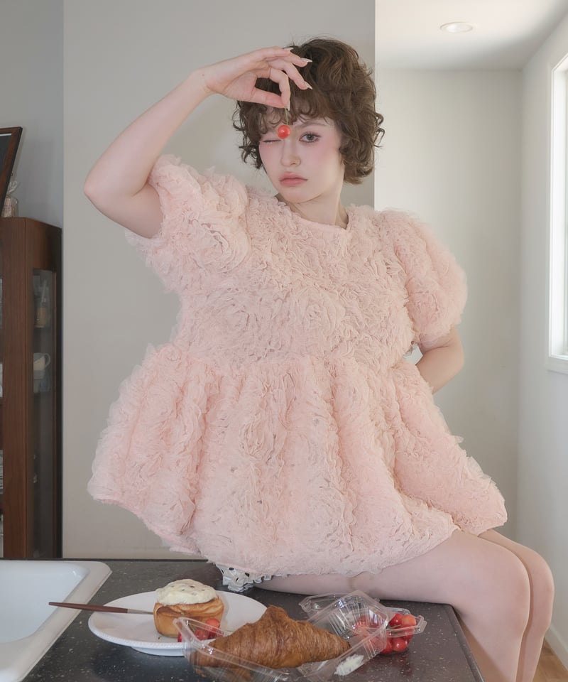 rosette tulle peplum blouse(pink) | sovisoon.of