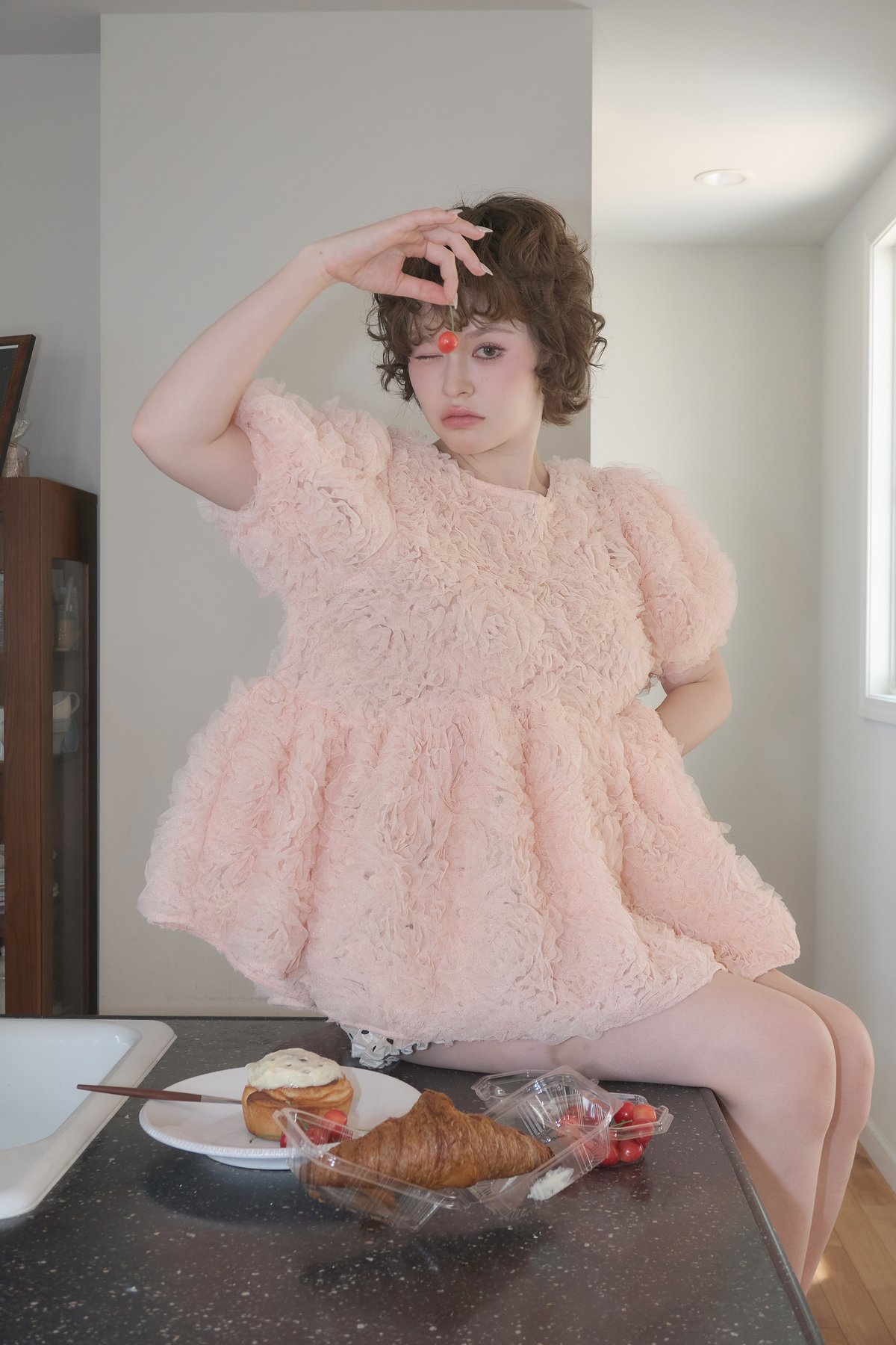 rosette tulle peplum blouse(pink) | sovisoon.of