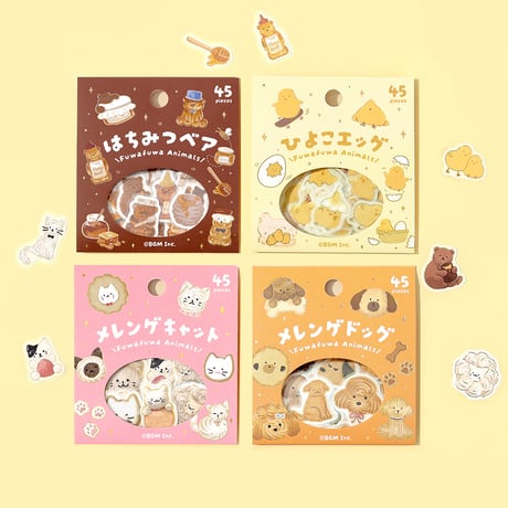 フレークシール 箔押し 「ふわふわanimals」 全4種類 【ビージーエム】 動物/お菓子/犬/猫