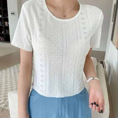 【新品】【L】レディース ソリッドクルーネックアイレット半袖Tシャツ