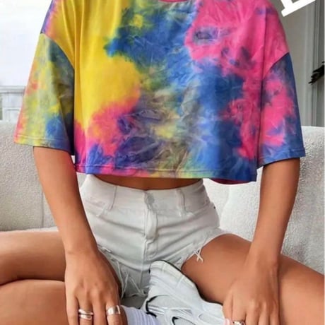 【新品】レディース 夏映え✨ タイダイ柄 クルーネック クロップド Tシャツ 半袖 スタイルアップ