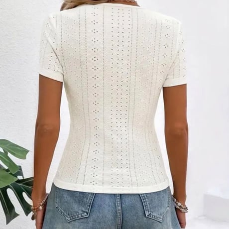 【新品】【L】レディース Vネック アイレットコントラストレースTシャツ