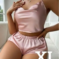 【新品】XL サテン ルームウェア 上下セット クロスストラップ バックレス キャミソール ショーツ セクシー ランジェリー