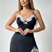 【新品】レディース 美デコルテ✨ レース スリップ Vネック ナイトドレス セクシー 上品 黒