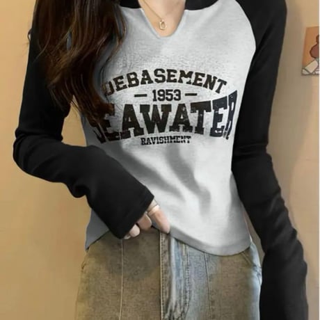 【新品】レディース こなれストリート✨ 大きめ レタープリント カラーブロック 長袖Tシャツ ロンT