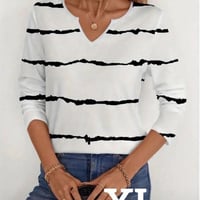 【新品】レディース ゆったり ✨ ストライプ ノッチネック 長袖Tシャツ オーバーサイズ カジュアル