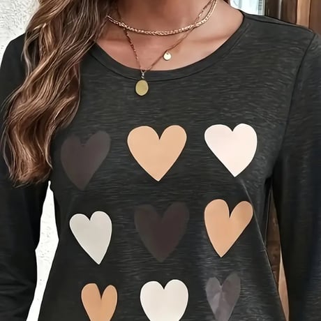 【新品/L】レディース ハートプリントクルーネック長袖Tシャツ