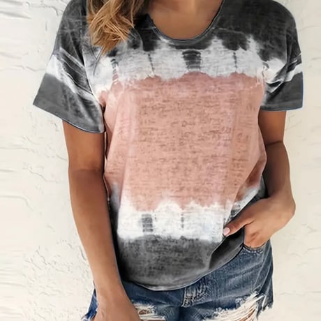 【新品】レディース カラーブロックタイダイ柄クルーネック半袖Tシャツ