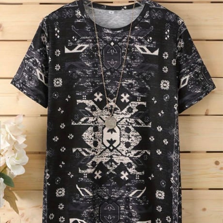 【新品】レディース 抽象柄プリントクルーネックTシャツ
