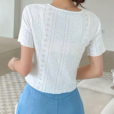 【新品】【L】レディース ソリッドクルーネックアイレット半袖Tシャツ