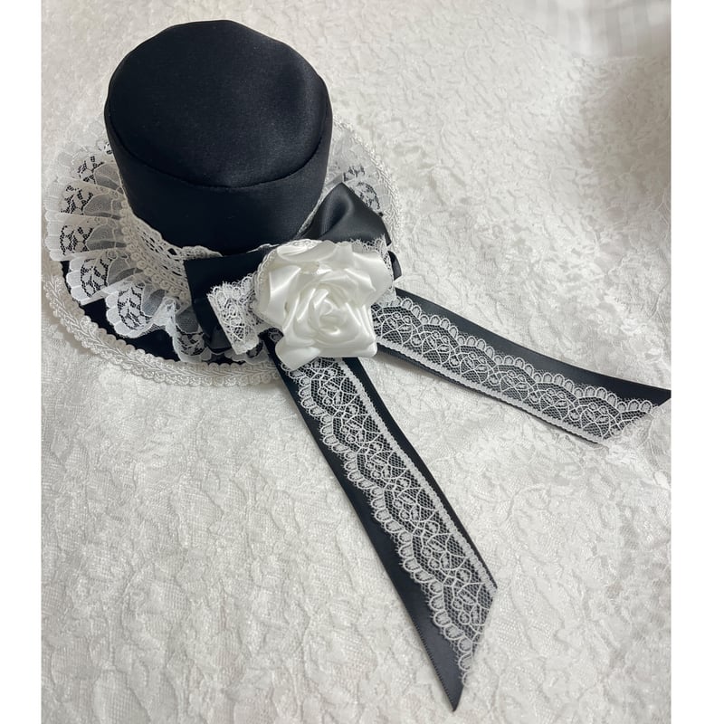 【BABY】ゴシック 白黒 リボンレース 別珍ハット【美品】 受注生産】6月下旬発送 ミニハット 黒×白 | Nascita handmade Gothi