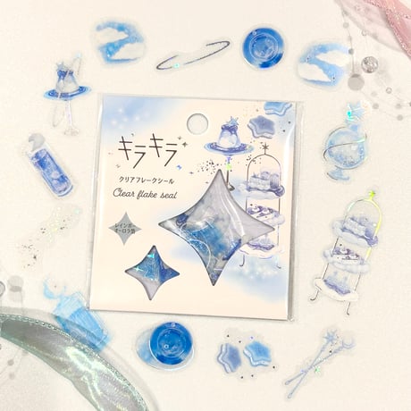 キラキラ　クリアフレークシール　blue tea party