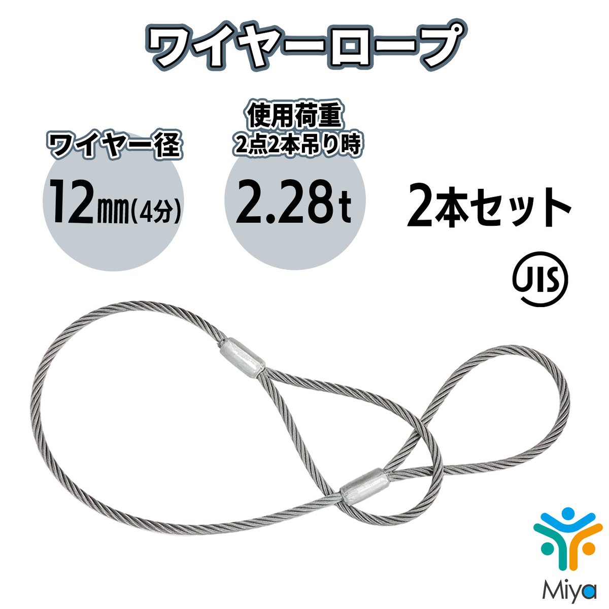 JIS玉掛 ワイヤーロープ 12mmx1m【2本セット】ロック加工6x24 (4