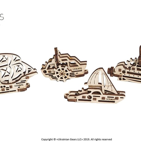 【公式】Ugears ユーギアーズ U-Fidget U-フィジェット 船(Ships)　4種セット 70035 木のおもちゃ 自分 組み立てて動く3D パズル 知育 ウッドパズル 工作キット 木製