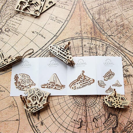 【公式】Ugears ユーギアーズ U-Fidget U-フィジェット 船(Ships)　4種セット 70035 木のおもちゃ 自分 組み立てて動く3D パズル 知育 ウッドパズル 工作キット 木製