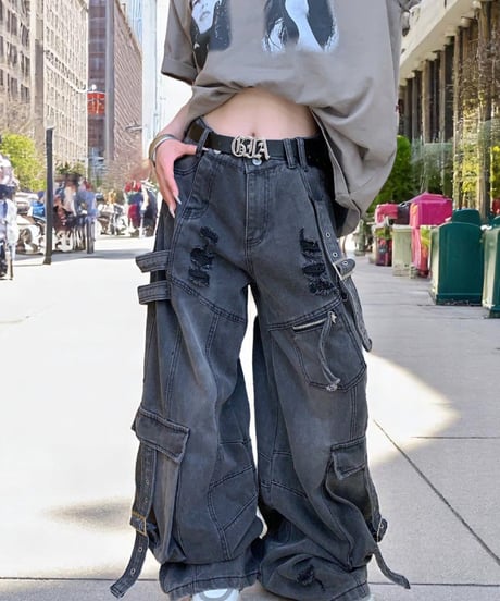 Damage Distressed Oversized Cargo Denim Pants / 2colors