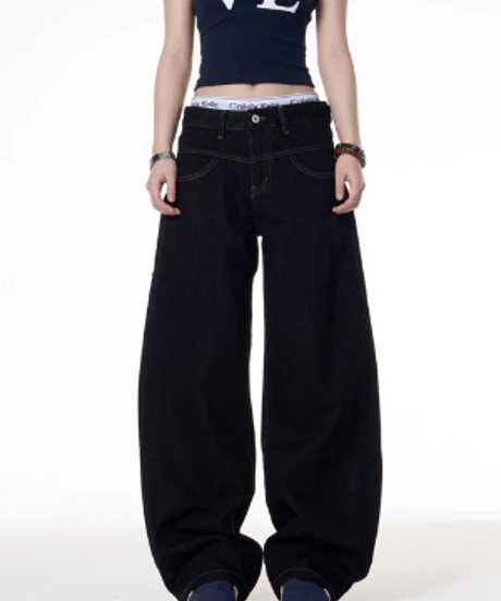 Wide Curved Loose Denim Pants
