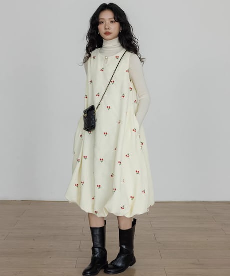 Cherry Embroidery Balloon Onepiece