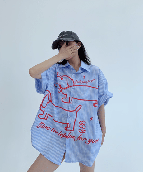 Dog Illustration Striped Oversized Shirt