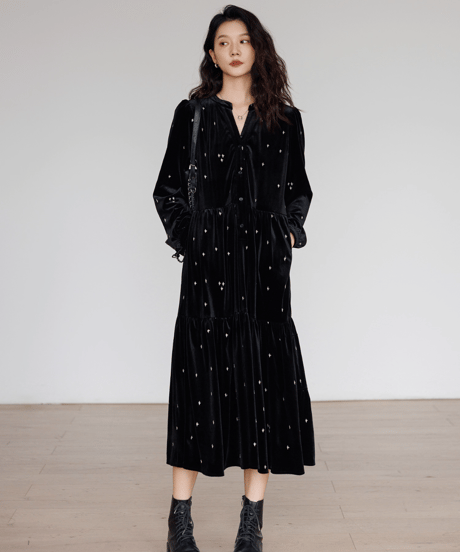 Star-Embroidered Velvet Tiered Long Dress