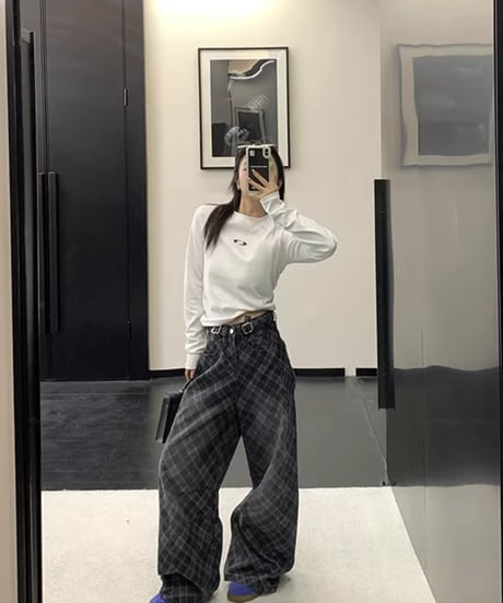 Plaid Pattern Wide Leg Denim Pants / 2colors