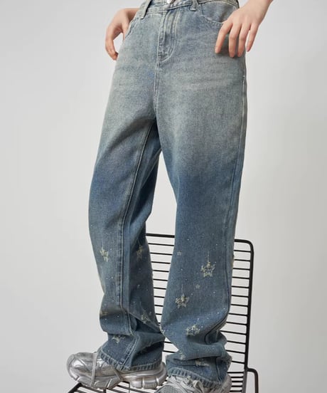 Gradient Star Motif Wide Denim Pants