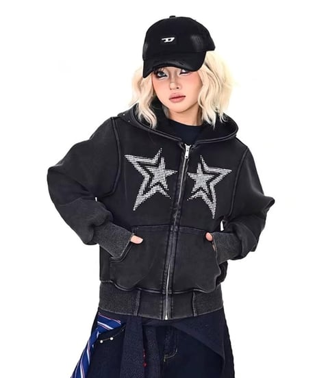 Rhinestone Star Vintage Zip-up Hoodie