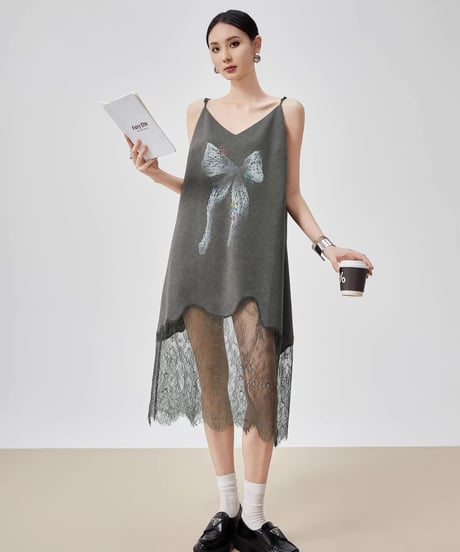 Ribbon Motif Lace Spliced Camisole Dress