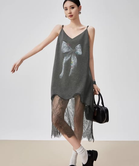 Ribbon Motif Lace Spliced Camisole Dress