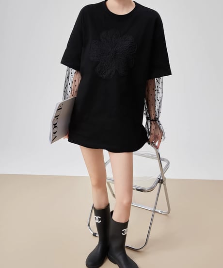 Floral Embroidery Lace Sleeve Oversized T-Shirt