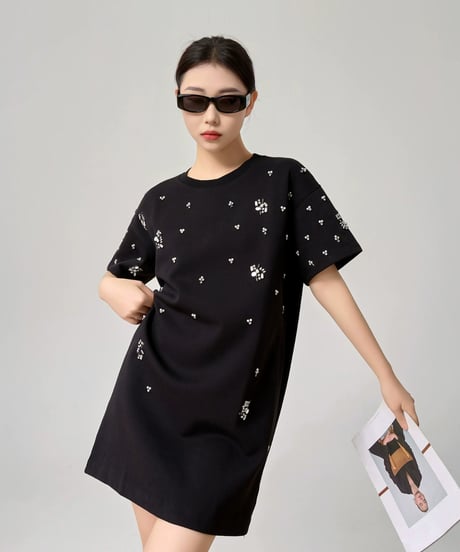Rhinestone T-shirt Dress  / 2colors