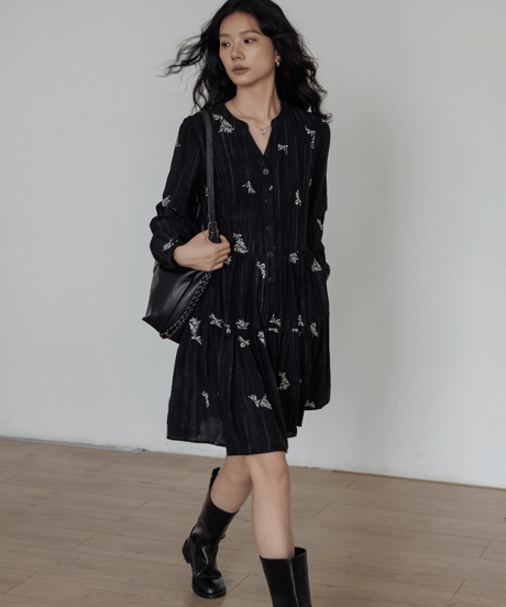 Flower Embroidery Sheer Tiered Dress