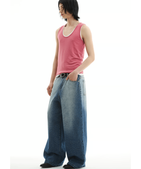 Grid Pattern Wide Straight Denim