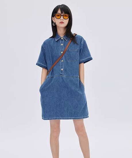 Polo Collar Denim Shirt Dress