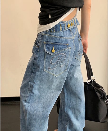 Back Belt Detail Wide Denim Pants