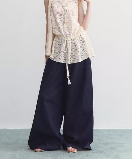 Detachable Frill Accent Wide Denim Pants