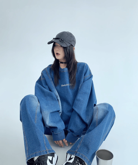 Vintage-Washed Sweat Denim Set  / 2colors