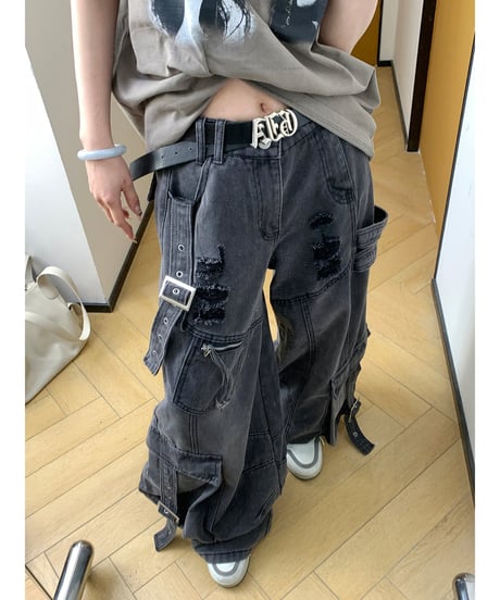 Damage Distressed Oversized Cargo Denim Pants / 2colors
