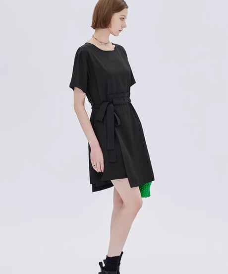 Round Neck Waist Ribbon Mini Dress