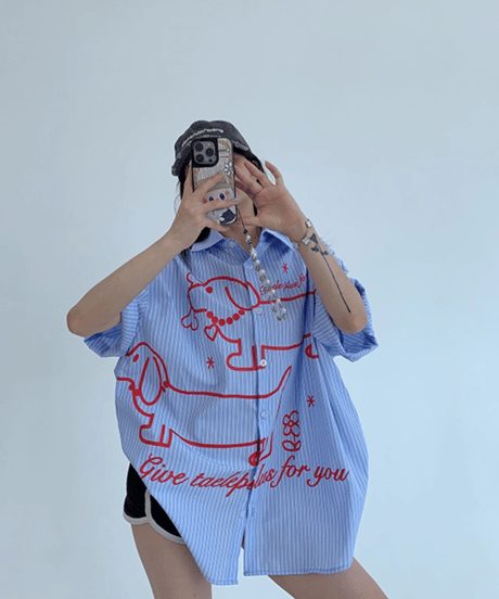 Dog Illustration Striped Oversized Shirt