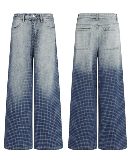 Grid Pattern Wide Straight Denim