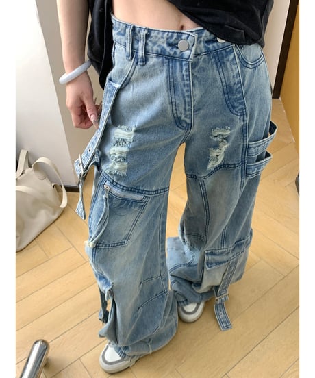 Damage Distressed Oversized Cargo Denim Pants / 2colors